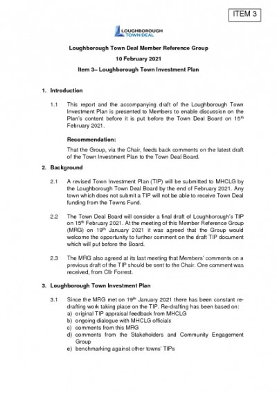 Loughborough Town Deal Member Reference Group Meeting - Item 3 - Loughborough Town Investment Plan - February 10, 2021
